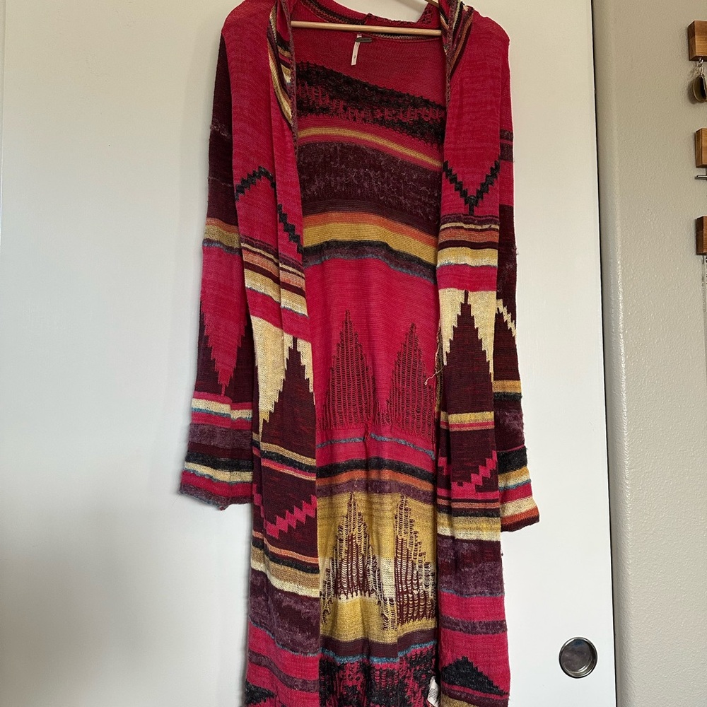 Free People Long Open Front Cardigan Sweater - Pink, Burgundy, Mustard